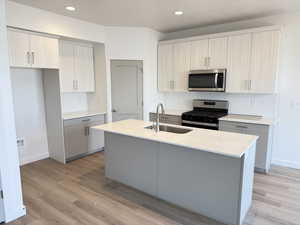 Kitchen with light wood finished floors, appliances with stainless steel finishes, light countertops, and a sink