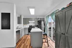 Kitchen featuring gray cabinets and light countertops