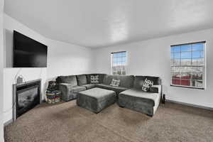 Carpeted living room featuring fireplace and a wealth of natural light