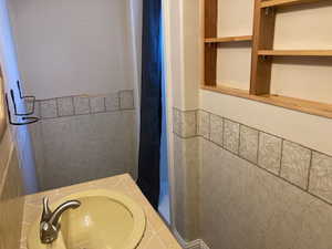 Full bath with a shower with curtain and a sink