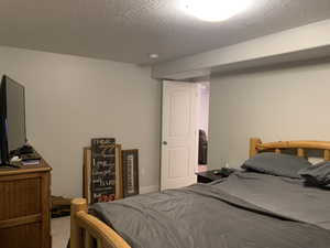 ADU Bedroom featuring a textured ceiling and carpet floors