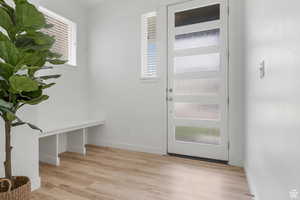Entrance foyer featuring baseboards and light wood-style flooring