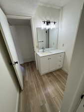 Bathroom with vanity, wood finished floors, visible vents, baseboards, and a textured ceiling