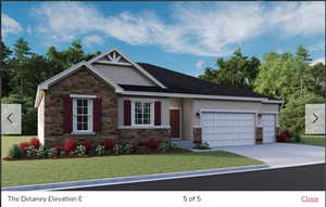 Craftsman-style house featuring a front lawn, an attached garage, stone siding, and driveway