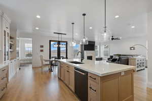 Kitchen with a sink, light wood-style floors, dishwasher, and light brown cabinetry