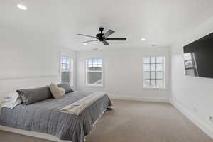 Bedroom featuring recessed lighting, baseboards, and carpet flooring