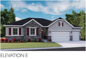 View of front of home featuring a front lawn, stucco siding, a garage, stone siding, and driveway