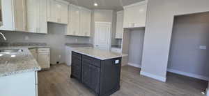 Kitchen with white cabinetry, light stone countertops, a sink, and wood finished floors