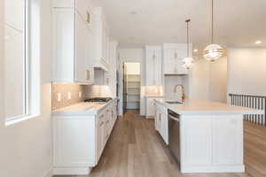 Kitchen with a sink, light wood-type flooring, appliances with stainless steel finishes, and white cabinetry