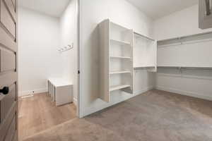 Spacious closet featuring light colored carpet