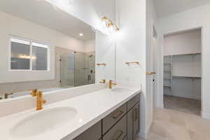 Bathroom with a shower stall, a garden tub, double vanity, and a sink