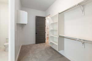 Walk in closet with light colored carpet