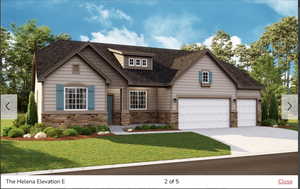 View of front facade with stone siding, driveway, and a front lawn