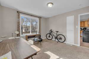 Home office featuring baseboards and light colored carpet