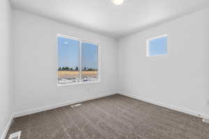 Spare room with visible vents, baseboards, and carpet
