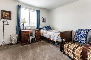 Carpeted bedroom with visible vents and baseboards