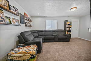Living room with baseboards, carpet, and a textured ceiling