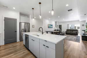 Kitchen with visible vents, an island with sink, stainless steel appliances, a sink, and light wood-type flooring