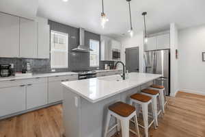 Kitchen featuring a sink, appliances with stainless steel finishes, a breakfast bar area, wall chimney exhaust hood, and decorative backsplash