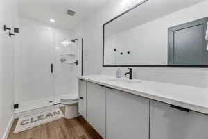 Full bathroom with vanity, wood finished floors, visible vents, a stall shower, and toilet