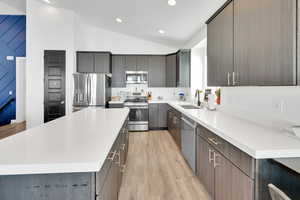 Kitchen featuring light wood finished floors, a sink, vaulted ceiling, appliances with stainless steel finishes, and a center island