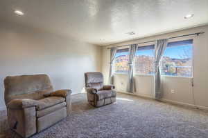 Sitting room with visible vents, baseboards, carpet floors, recessed lighting, and a textured ceiling