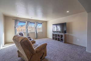 Living room featuring light colored carpet, baseboards, and a textured ceiling