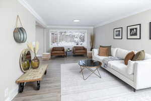 Living area featuring wood finished floors, baseboards, and ornamental molding