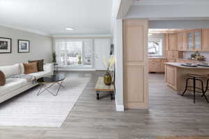 Living area featuring plenty of natural light, baseboards, crown molding, and light wood-style floors