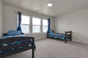 Bedroom featuring visible vents, carpet floors, and baseboards