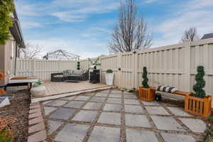 View of patio with outdoor lounge area, a fenced backyard, and a wooden deck