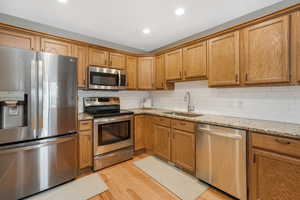 Kitchen featuring decorative backsplash, light wood-style flooring, stainless steel appliances, and a sink