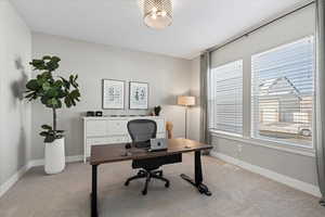 Office with light colored carpet and a healthy amount of sunlight