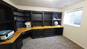 Carpeted office featuring visible vents, a textured ceiling, and baseboards