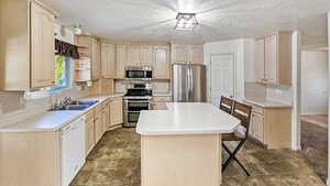 Kitchen featuring light brown cabinets, open shelves, a sink, appliances with stainless steel finishes, and a center island