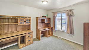 Office space with visible vents, carpet flooring, a textured ceiling, and baseboards