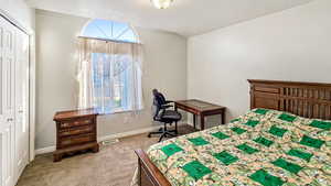 Carpeted bedroom featuring visible vents, multiple windows, a textured ceiling, and a closet