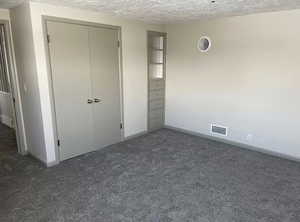 Unfurnished bedroom featuring visible vents, carpet, a closet, and a textured ceiling