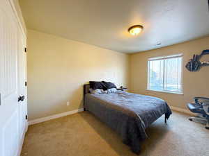 Bedroom with carpet flooring, baseboards, and visible vents