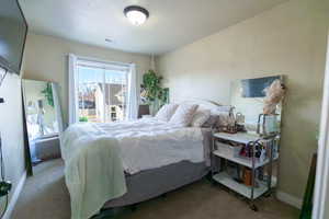 Bedroom featuring visible vents, baseboards, and carpet