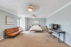Bedroom featuring crown molding, carpet, baseboards, and a textured ceiling
