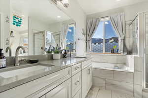Full bathroom with a shower stall, plenty of natural light, and a sink