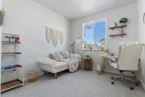 Office with baseboards and carpet flooring