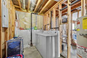 Washroom featuring strapped water heater, electric panel, independent washer and dryer, and laundry area