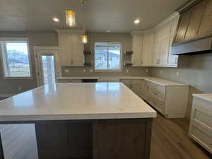 Kitchen featuring wood finished floors, a kitchen island, open shelves, custom range hood, and decorative light fixtures