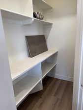 Walk in closet with dark wood-style floors