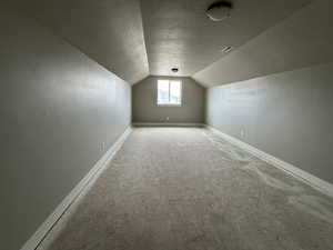 Additional living space with lofted ceiling, baseboards, and a textured ceiling