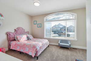 Bedroom featuring carpet flooring, baseboards, and visible vents