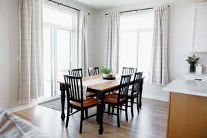 Dining space featuring large windows and light wood finished floors