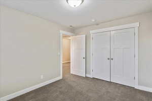 Unfurnished bedroom featuring carpet flooring, baseboards, a closet, and a textured ceiling
